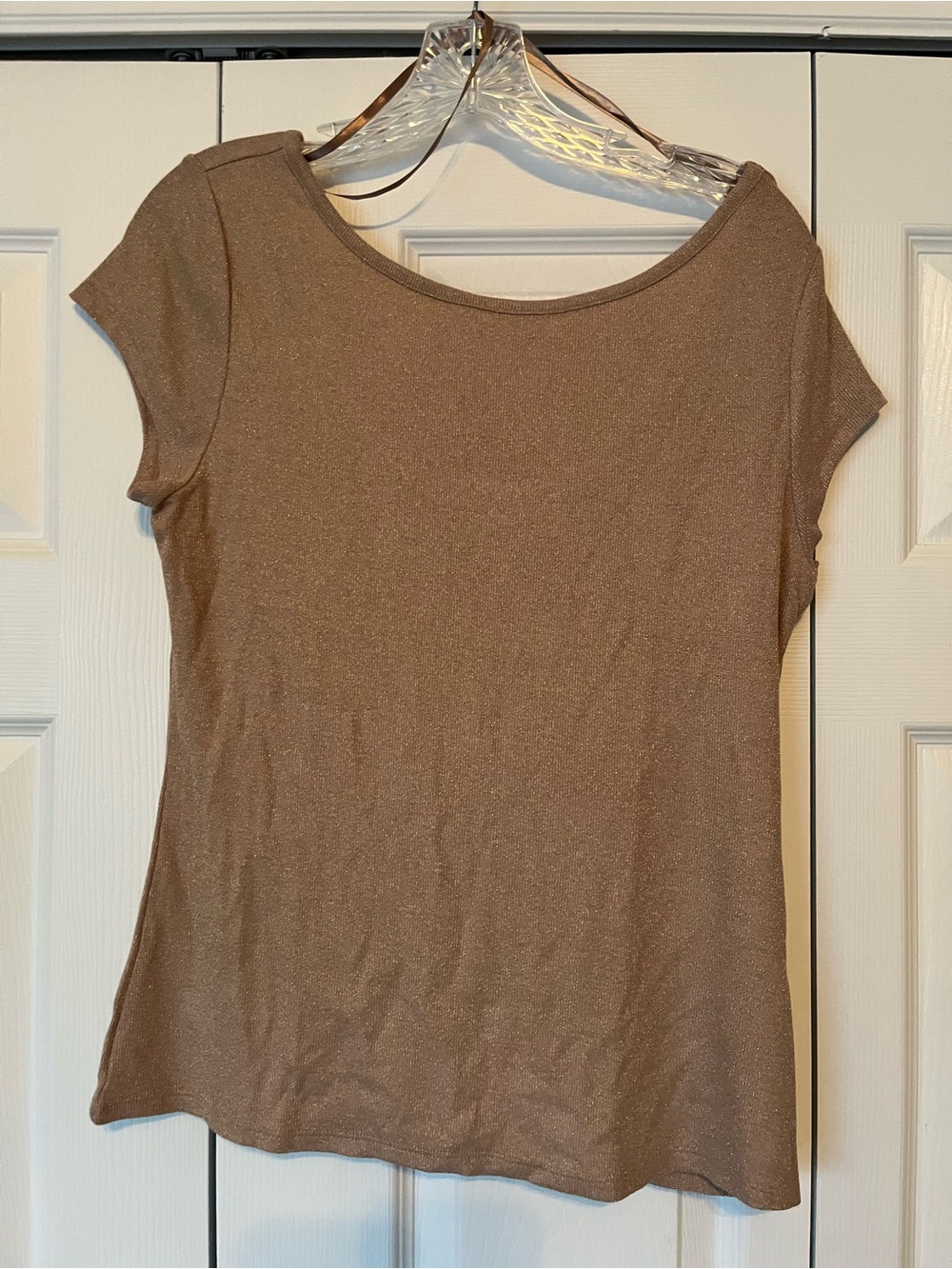 White House Black Market Shimmery Taupe Short Sleeve Scoop Neck Top